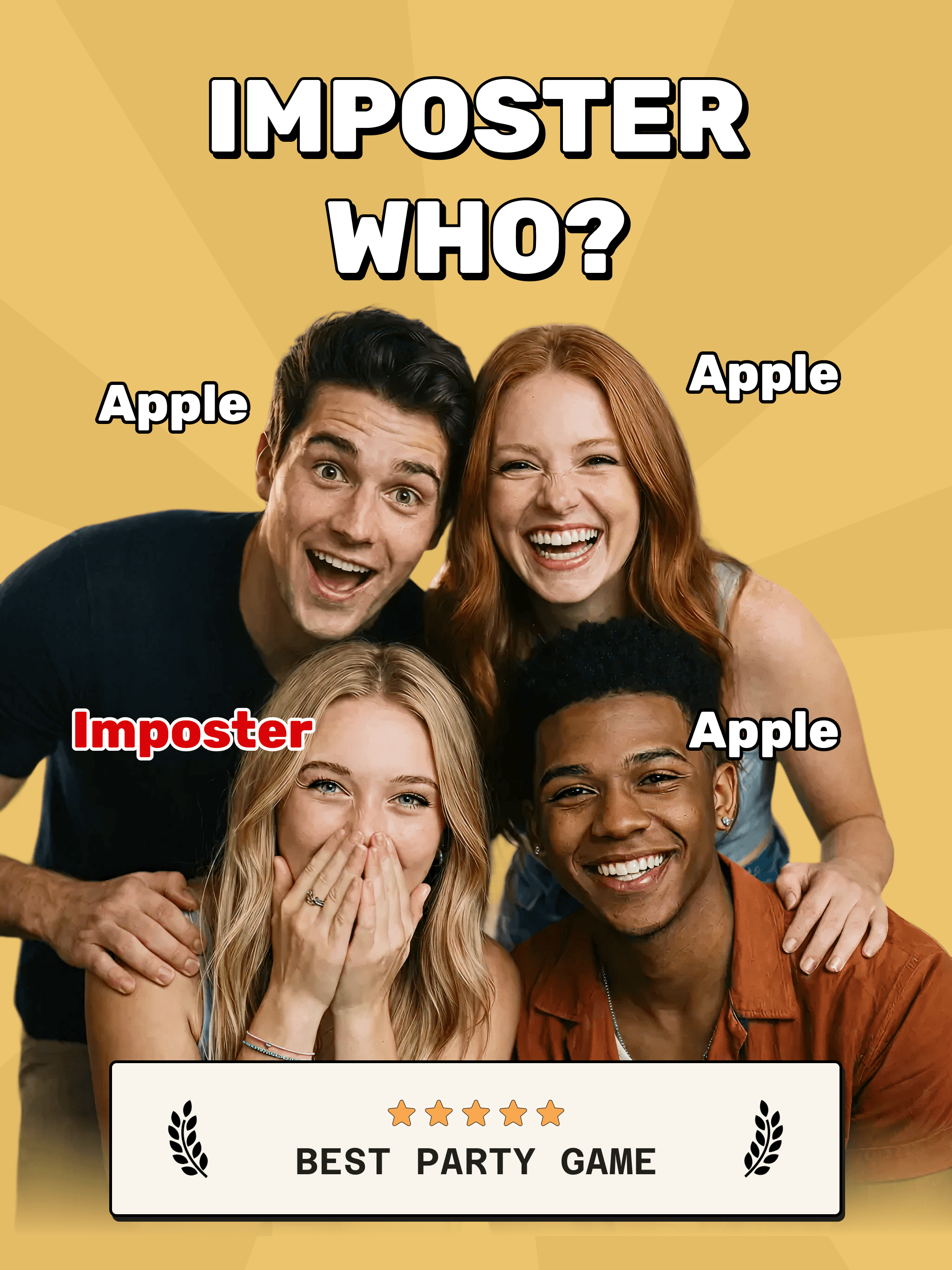 WhoSus hero poster showing the IMPOSTER WHO? game screen