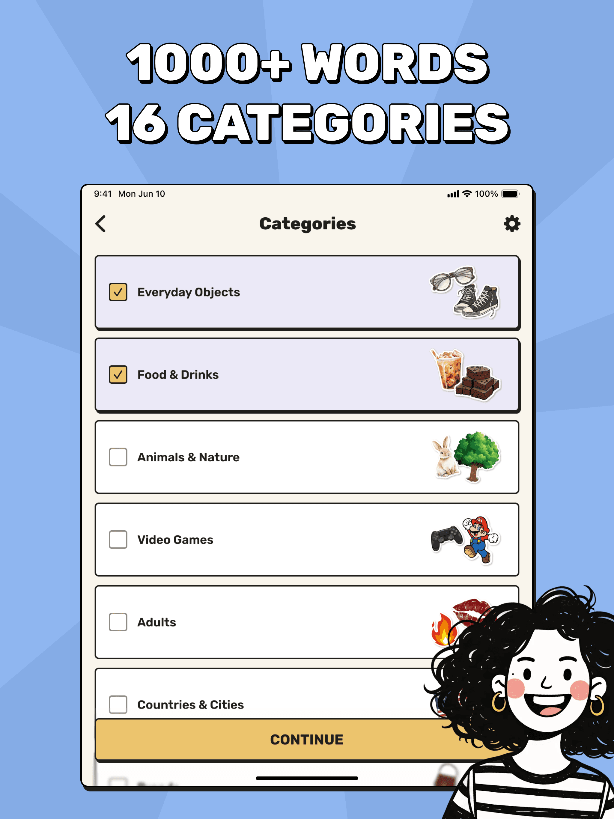 WhoSus categories screen highlighting 1000+ words and 16 categories
