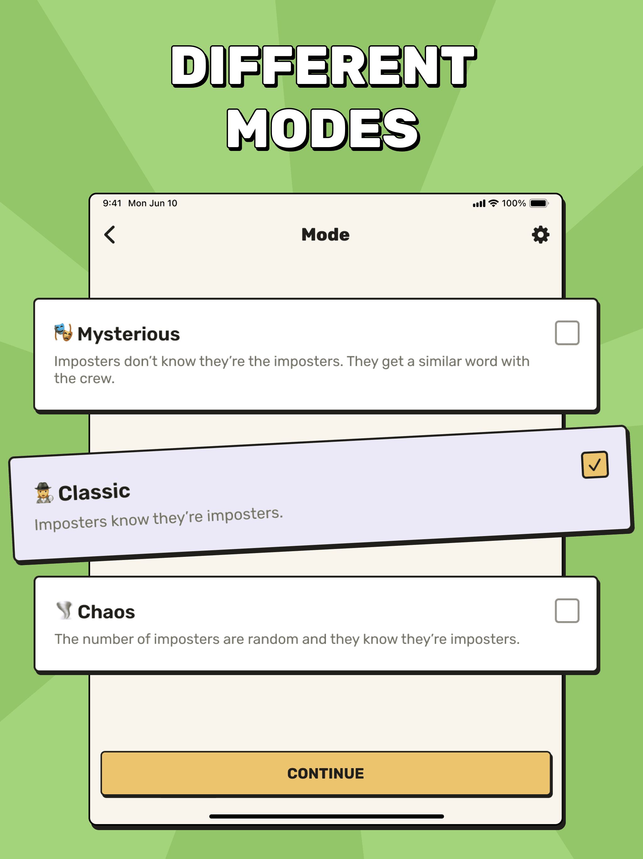 WhoSus game modes screen